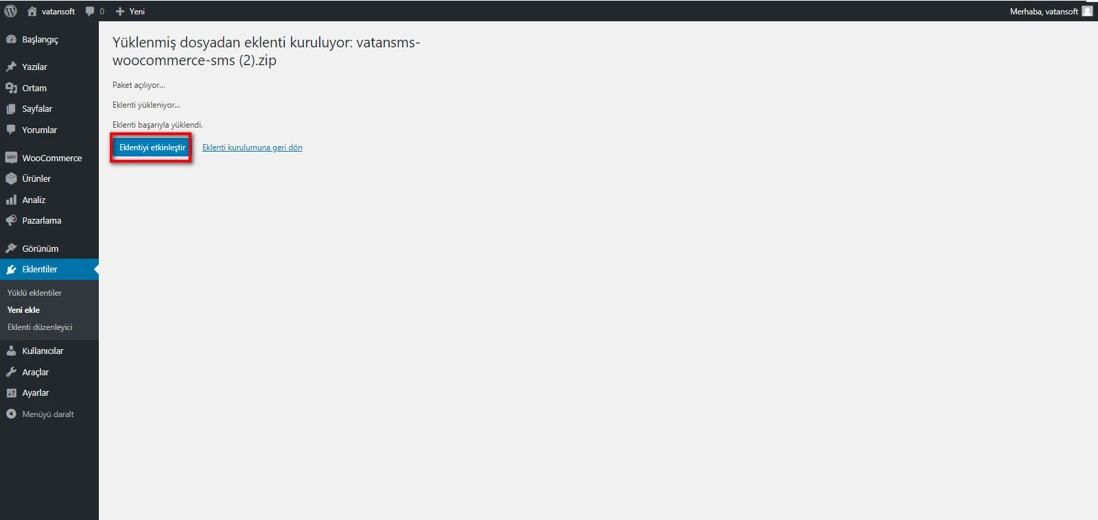 WooCommerce ayarlar menüsünde VatanSMS.net sekmesi