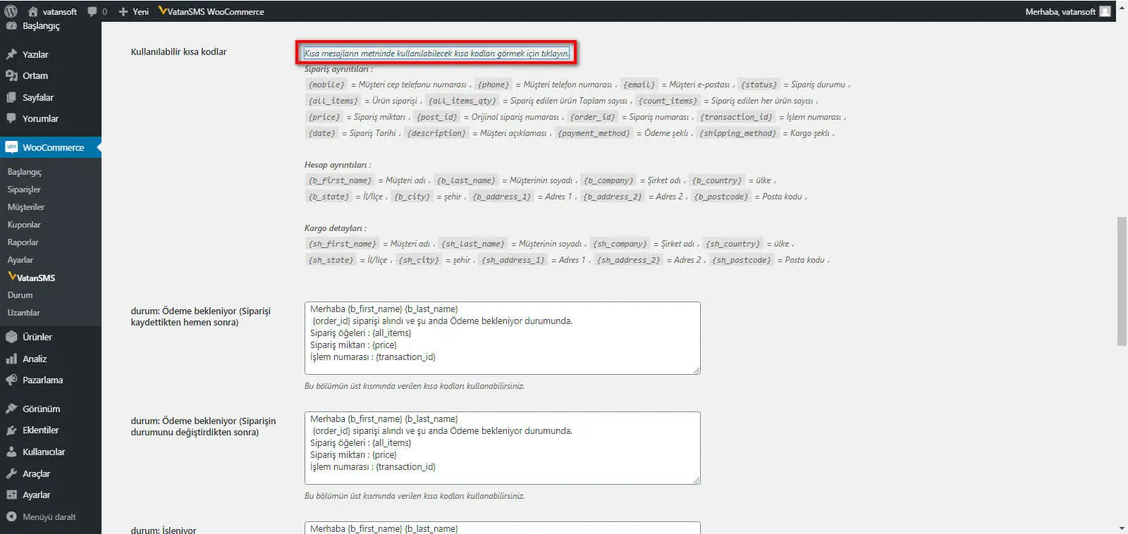 WooCommerce sipariş durumu SMS şablonları