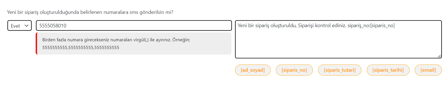 WooCommerce SMS Eklentisi Ayar Sayfası 2